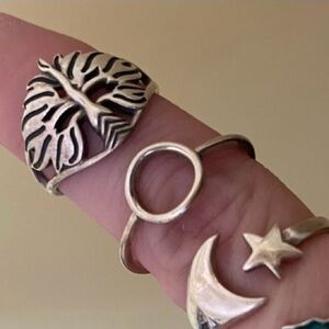 Sterling Silver Moon & Leaf Stacked Ring Set - Silver